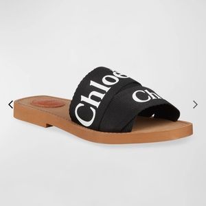 Chloe Woody Flat Logo Ribbon Slide Sandals